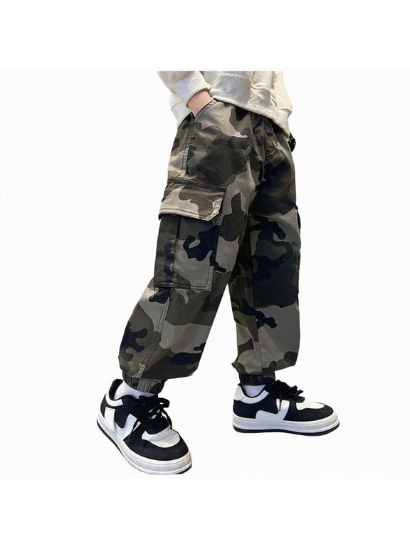 Boy's Camo Cargo Pants Joggers Baggy Fall Elastic Waist Wide Led Casual Hunting Pants with Pockets 2026 Cargo Pants for Boys (Camouflage,9-10 Years)