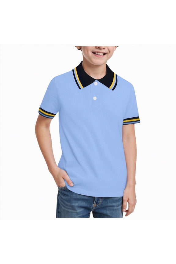 Boy's Casual School Uniform Shirts Kids Toddler Short Sleeve Lapel Neck Button Polo Shirt Loose Fit Comfy Summer Tops (Blue,6-7 Years)