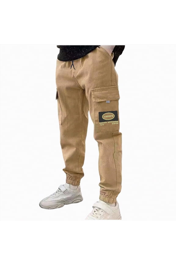 Boys Cargo Pants Stretch Elastic Waist School Joggers Kids Cargo Pants (Khaki,2-3 Years)