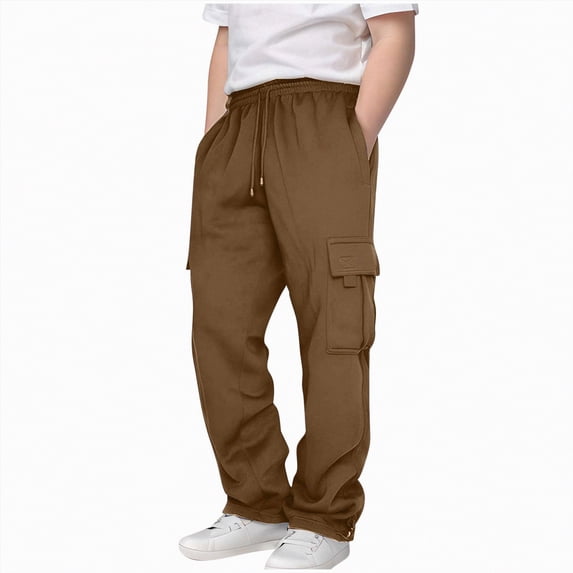 UngA Boys Cargo Sweatpants Baggy Fleece Straight Leg Joggers Pants with Pockets Elastic Waist Athletic Workout Sweatpants Boys (Coffee,3-4 Years)