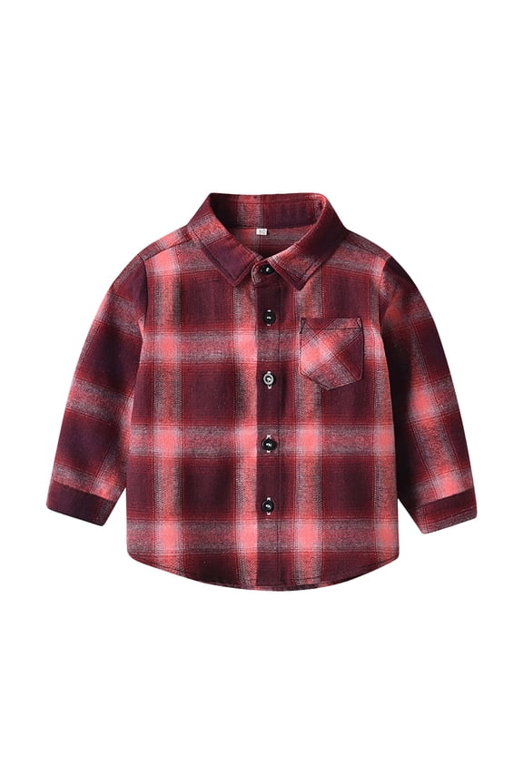 Boys Flannel Jacket Boy's Cotton Western Long Sleeve Button Down Plaid Shirt Brick Red,1-2 Years