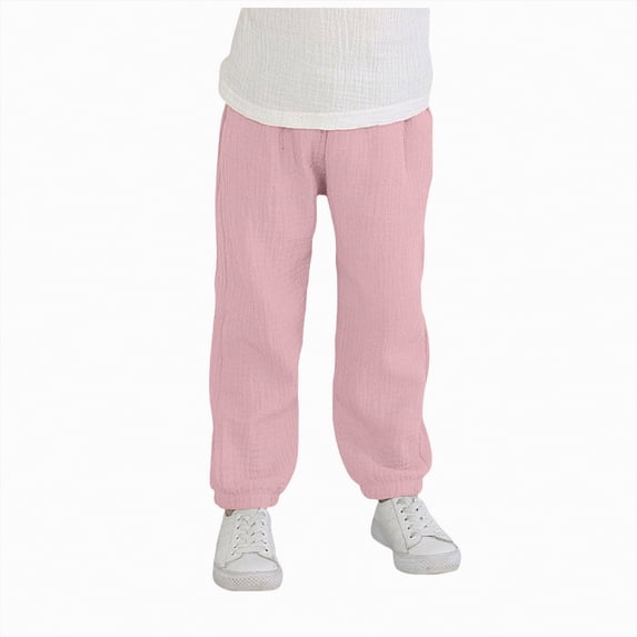 UngA Boys Girls Cotton Linen Pants Toddler Basic Solid Trousers Little Kids Elastic Waist Harem Long Pants Bloomers (Pink,5-6 Years)