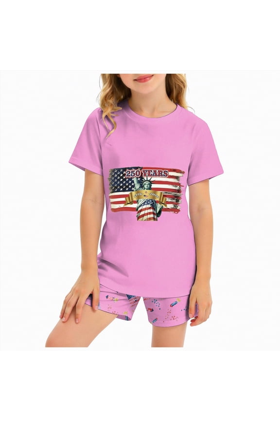 Boys Girls Fourth of July Outfit Short Sleeve American Flag USA 250th Anniversary T Shirt Top + Print Shorts Sets Toddler Kids Independence Day Clothes (Pink,11-12 Years)