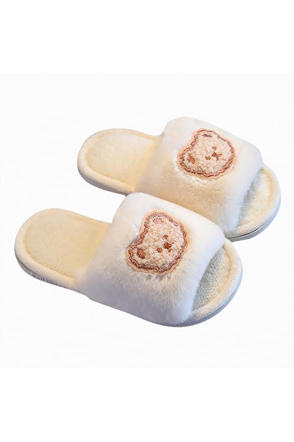 Boys Girls Fuzzy House Slippers Cute Comfy Faux Fur Slip On Fluffy Plush Open Toe Home Slides for Kids Indoor Outdoor Warm Shoes Beige,2(Toddler/Little Kid/Big Kid)