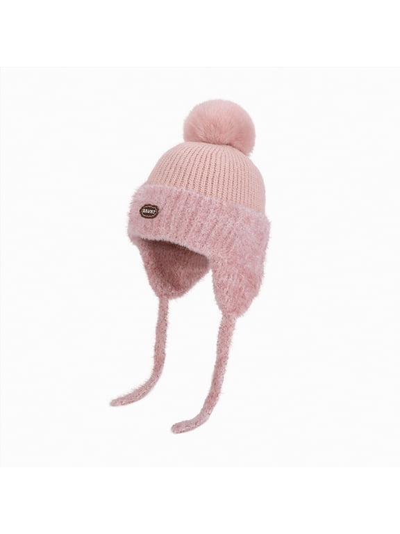 Boys Girls Knit Hats Winter Fleece Lining Skiing Winter Caps with Warm Ear Flap (Pink,4-10 Years)