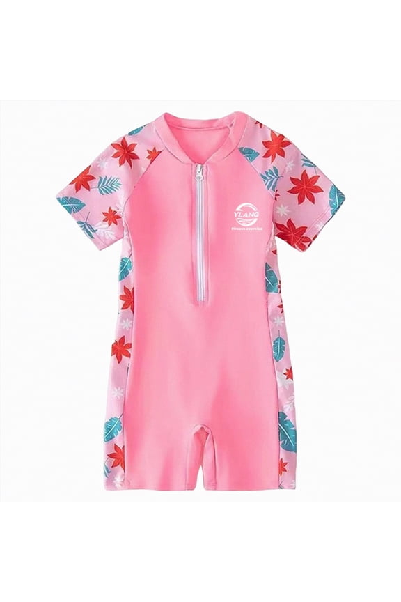 Boys Girls Swimsuit One Piece Short Sleeve Rash Guard Kids Bathing Suit with UPF 50+ Protection Kids Swimwear (Pink,9-10 Years)