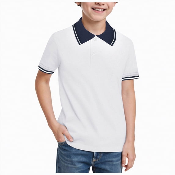 UngA Boys School Uniform Short Sleeve Polo Shirt Kids Toddler Color Block Button Closure Collared T Shirt Striped Cute Summer Shirt (White,10-11 Years)