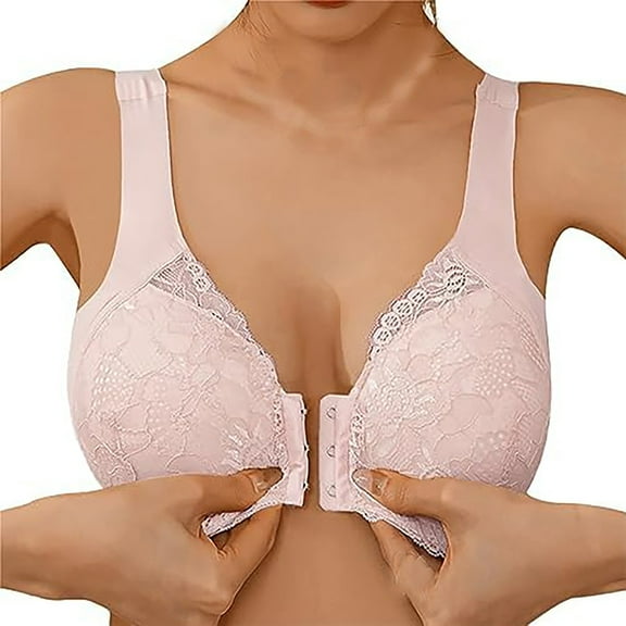 UngA Bras for Seniors Floral Wirefree Elder Woman Bra Front Button Closeure Soft Cotton Bra for Mom Grandma Gift Bra Pink,M