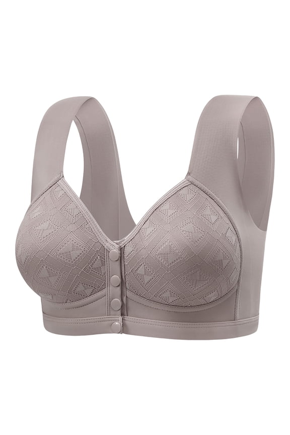 Bras for Women Floral Wirefree Elder Woman Bra Front Button Closeure Soft Cotton Bra for Mom Grandma Gift Bra Grey,38