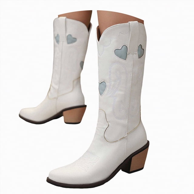 UngA Burgundy Boots Women's Square Toe Boots Comfortable Block Heel Casual Boots Mid Calf Riding Boots White,6