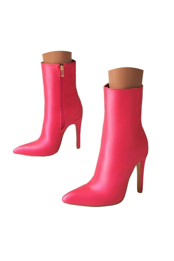 Calf Boots Women's Mid-Calf Cowboy Cowgirl Boots , Side Zipper, Motorcycle Style, Classic Round Toe,Fashion Western Hot Pink,7