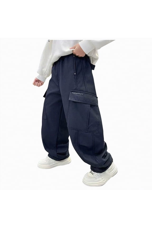 Cargo Sweatpants for Boys Oversized Baggy Wide Leg Warm Fleece Lined Pants Winter Casual Y2k Loose Sports Trousers Boys Cargo Joggers (Navy,4-5 Years)