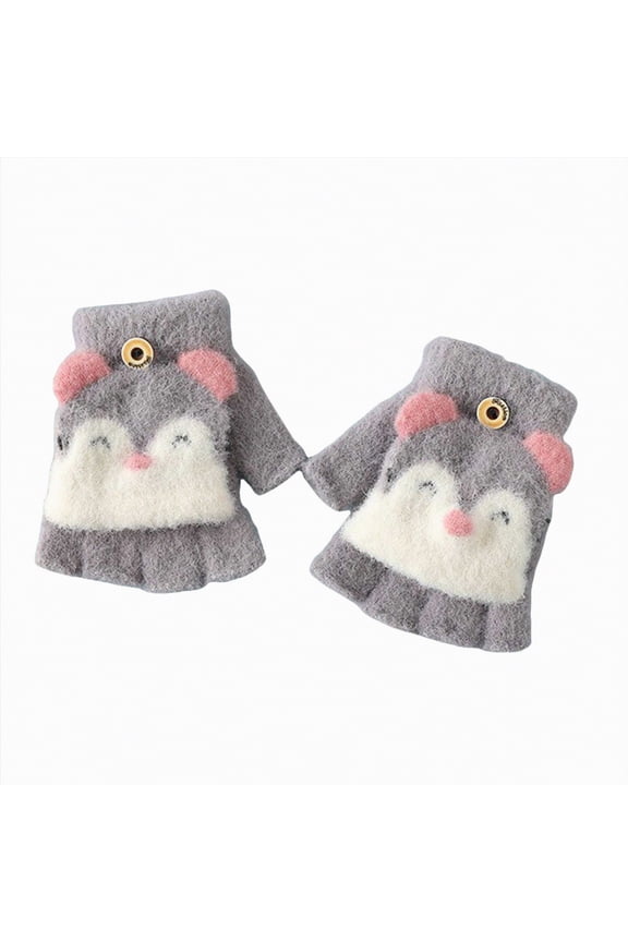 Cartoon Convertible Flip Top Gloves Kids Cute Print Winter Warm Knit Fingerless Gloves with Mitten Cover for Girls Boys (Purple,3-6 Years)