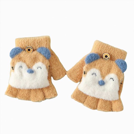 UngA Cartoon Convertible Flip Top Gloves Toddler Kids Winter Wool Knit Fingerless Gloves with Mitten Cover for Girls Boys (Yellow,3-6 Years)