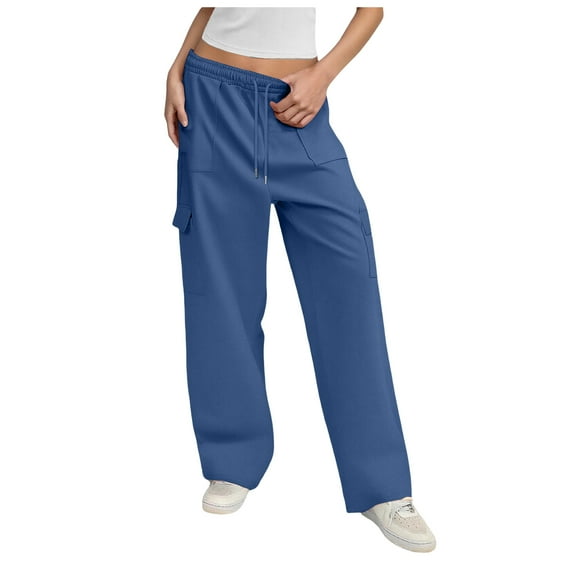 UngA Casual Dress Pants For Women Womens High Waist Summer Casual Pants Drawstring Straight Leg Beach Vacation Lounge Pocket Linen Trousers Blue,M