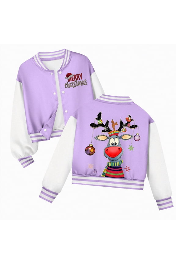 Christmas B'oy's Button Up Varsity Jacket Color Block Letter Print Baseball Bomber Jacket Jackets For K'ids Purple,11-12 Years