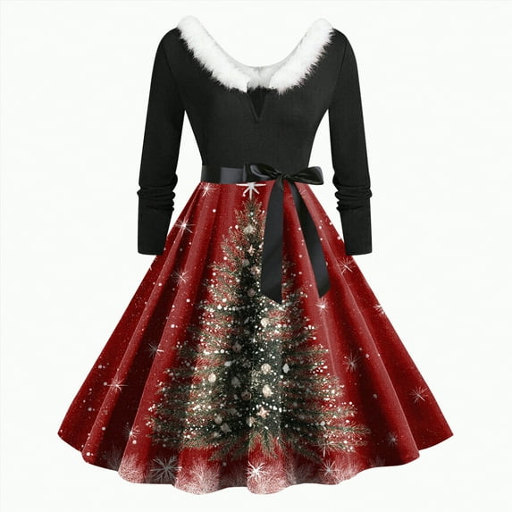 UngA Christmas Dresses Women 2025 Winter Warm Plush V Neck Cute Printed Cocktail Dresses with Belt Long Vintage Party Dresses for Women,Size L