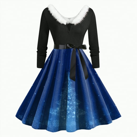 UngA Christmas Dresses for Women Warm Fuzzy Fleece V Neck Long Sleeve Fall Winter Party Dress Xmas Tree Flowy A Line Cocktail Dresses for Women,Size S