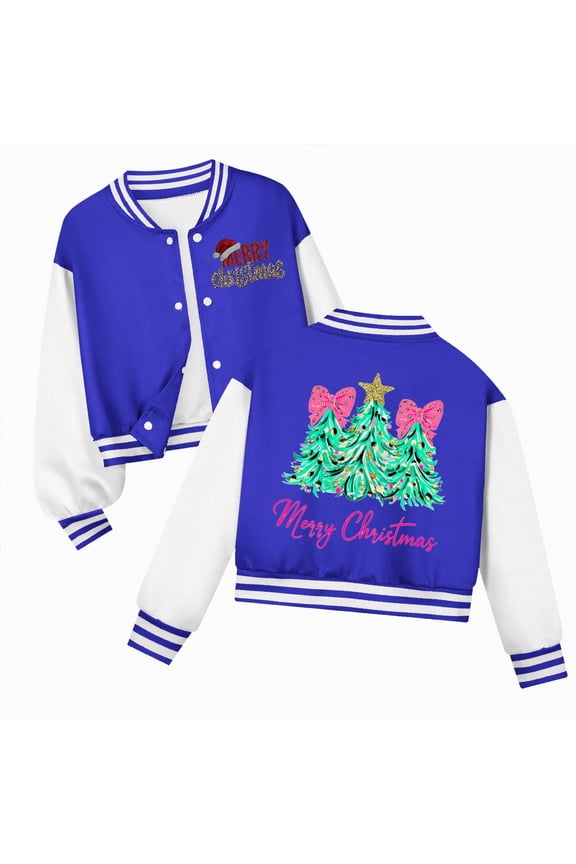 Christmas G'irls Varsity Jacket K'ids Baseball Lightweight Jacket Fleece Coat Button Closure School Outwear Fall Jacket Blue,5-6 Years