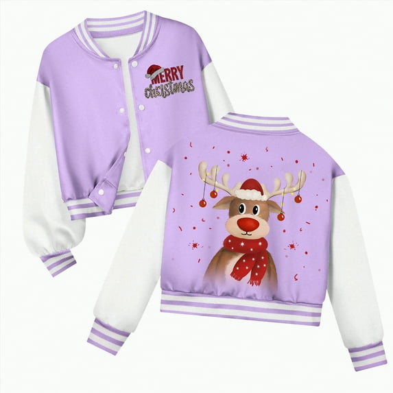 UngA Christmas G'irls Varsity Jacket K'ids Baseball Lightweight Jacket Fleece Coat Button Closure School Outwear K'ids Winter Jackets Purple,3-4 Years