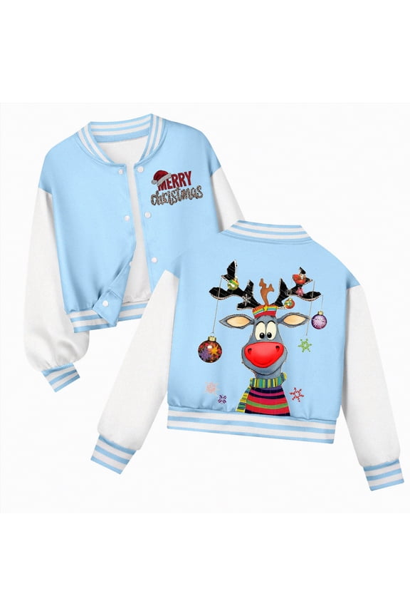 Christmas G'irls Varsity Jacket K'ids Baseball Lightweight Jacket Fleece Coat Button Closure School Outwear To'ddler Jacket Light Blue,9-10 Years