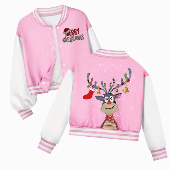 UngA Christmas Jacket For K'ids B'oy's Button Up Varsity Jacket Color Block Letter Print Baseball Bomber Jacket Pink,5-6 Years