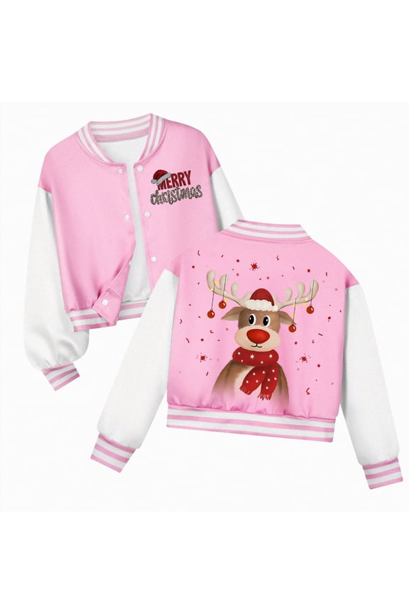 Christmas Jacket For K'ids G'irls Varsity Jacket K'ids Baseball Lightweight Jacket Fleece Coat Button Closure School Outwear Pink,9-10 Years