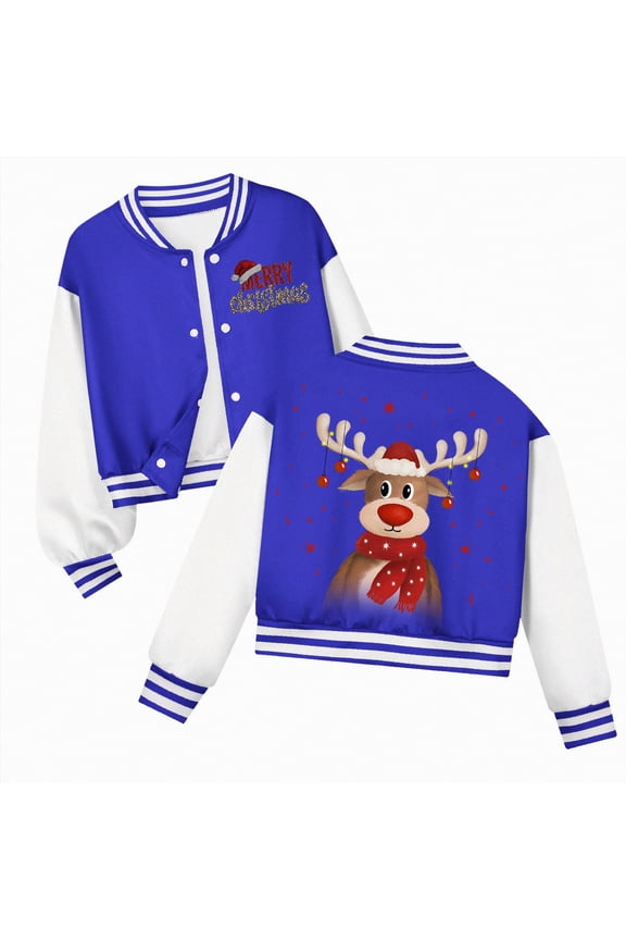Christmas Jacket For G'irls K'ids Baseball Jackets B'oys G'irls Team Uniform Varsity Jacket Everyday Casual School Cotton Classic Clothing Blue,11-12 Years
