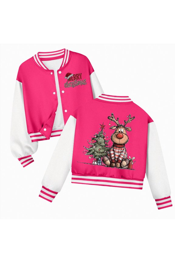 Christmas Jacket K'ids K'ids Varsity Jacket G'irls B'oys Baseball Jacket Bomber Coat School Uniform with Pocket Hot Pink,9-10 Years