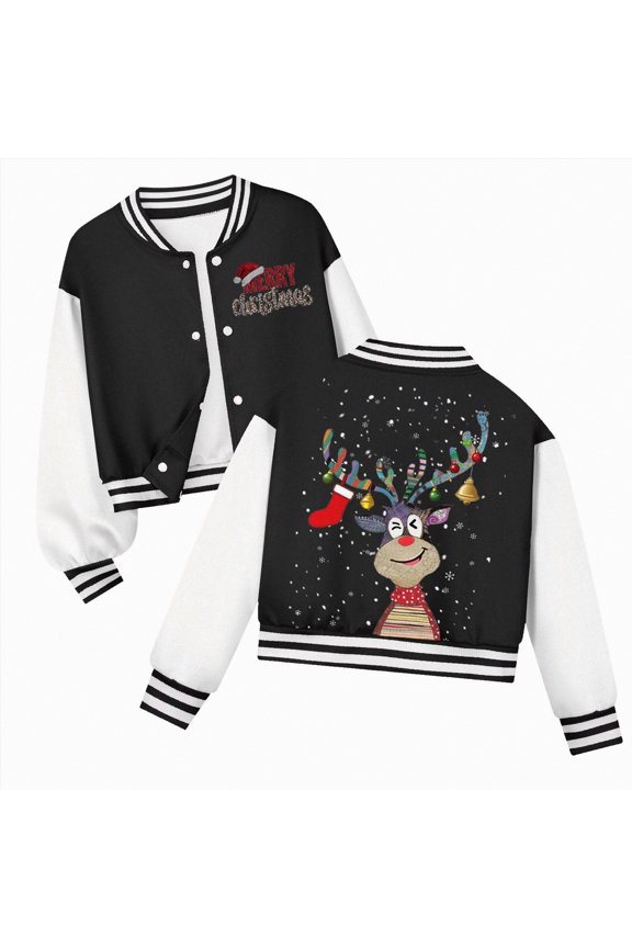 Christmas K'ids Baseball Jackets B'oys G'irls Team Uniform Varsity Jacket Everyday Casual School Cotton Classic Clothing B'oys Jackets Black,7-8 Years