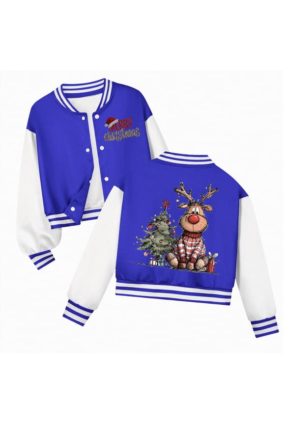 Christmas K'ids Jackets B'oys G'irls Varsity Jacket K'ids Baseball Lightweight Jacket Fleece Coat Button Closure School Outwear Blue,7-8 Years
