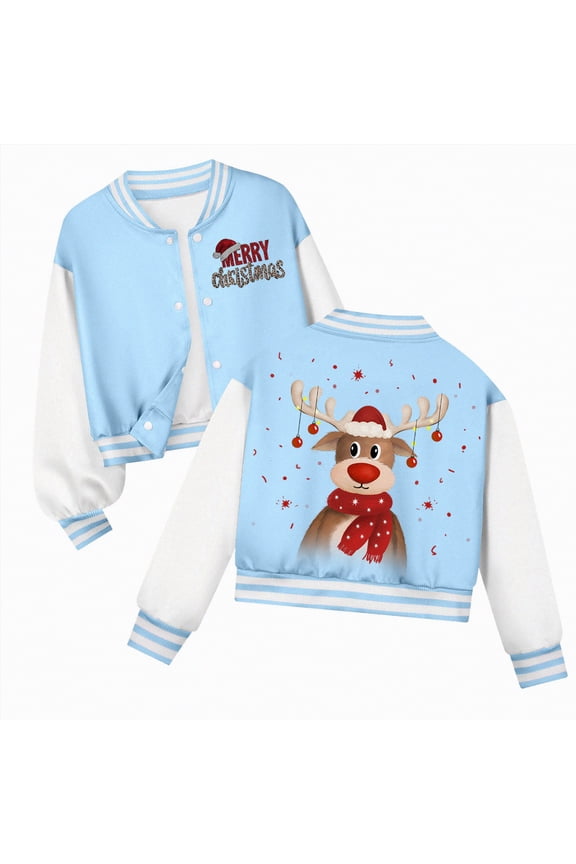 Christmas K'ids Jackets G'irls G'irls Varsity Jacket K'ids Baseball Lightweight Jacket Fleece Coat Button Closure School Outwear Light Blue,9-10 Years