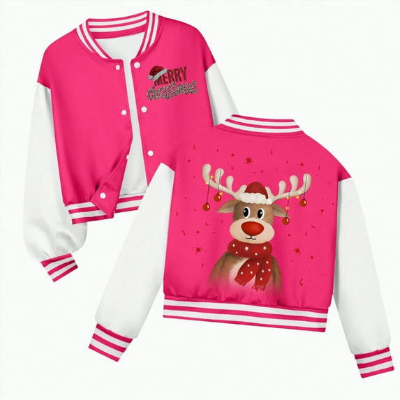 UngA Christmas K'ids Jackets K'ids Varsity Jacket G'irls B'oys Baseball Jacket Bomber Coat School Uniform with Pocket Hot Pink,3-4 Years