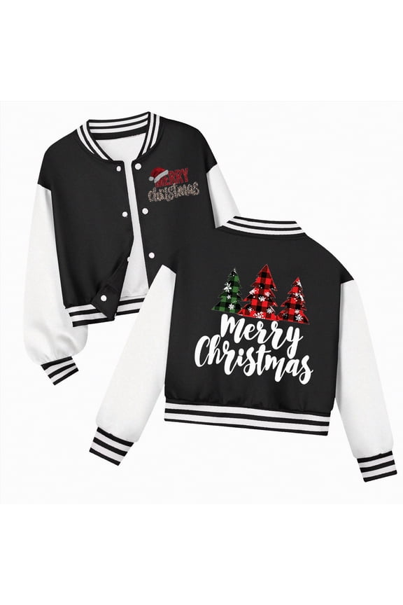 Christmas K'ids Varsity Jacket G'irls B'oys Baseball Jacket Bomber Coat School Uniform with Pocket To'ddler B'oy Jackets Black,9-10 Years