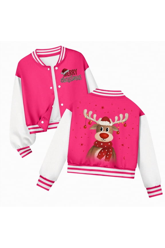 Christmas K'ids Varsity Jacket G'irls B'oys Baseball Jacket Bomber Coat School Uniform with Pocket To'ddler G'irl Jackets Hot Pink,11-12 Years