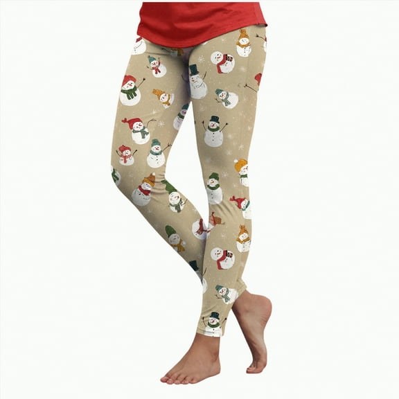 UngA Christmas Leggings for Women Plus Size Holiday High Waisted Pattern Xmas Printed Stretch Ankle Length Pants Women's Pajama Pants (Khaki,M)