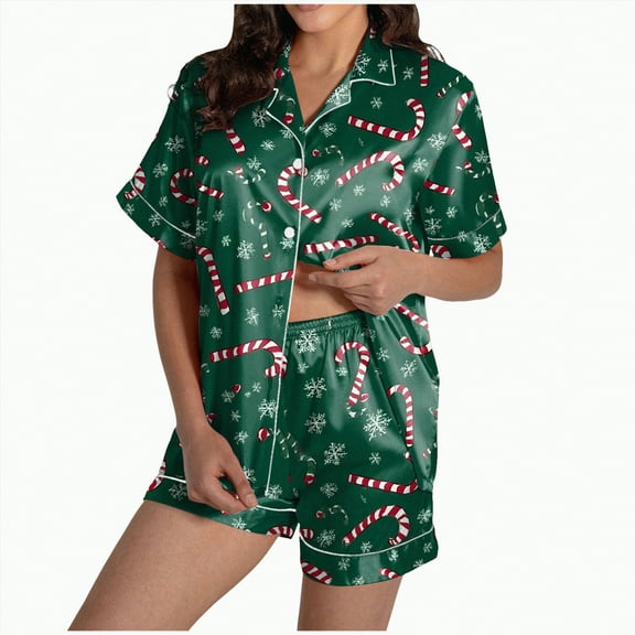 UngA Christmas Pajamas for Women Short Sleeve Sleepwear Soft Button Down Loungewear 2 Piece Satin Pjs Shorts Set Silk Christmas Pajamas for Women,Size S