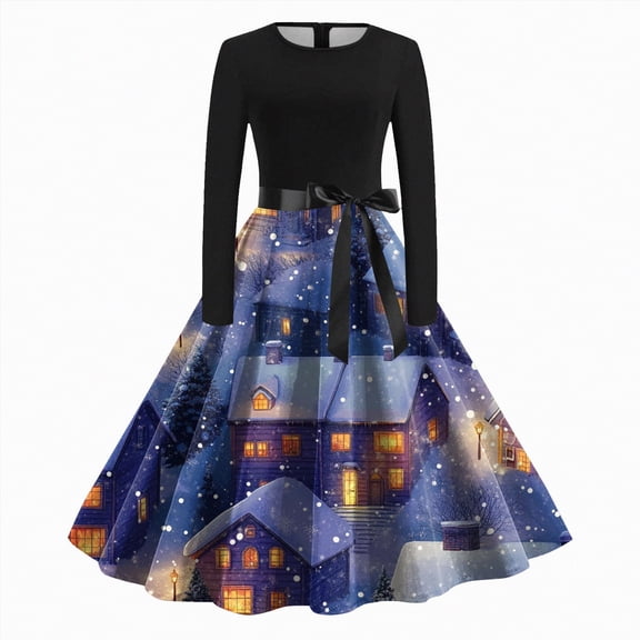 UngA Christmas Party Dresses Christmas Dresses for Women Long Sleeve Pleated Prom Hepburn Dresses with Belt Winter Party Cocktail Dress Blue,S