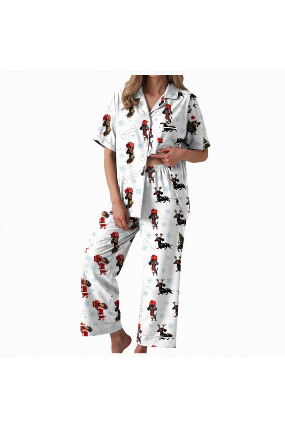 Christmas Pjs for Women Set Satin Button Down Christmas Tree Pajamas Classic Soft Christmas Silk Pajamas for Women,Size S