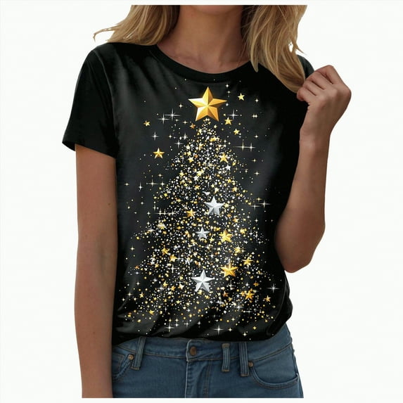 UngA Christmas Shirt for Women Merry and Bright Shirt Xmas Holiday Tshirt Christmas Lights Tee Tops Christmas Tshirts Shirts for Women (Gold,XL)