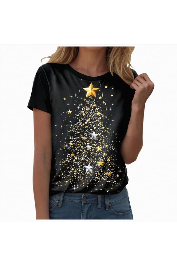 Christmas Shirt for Women Santa Holiday Short Sleeve Tops Xmas Graphic Print Christmas Tshirts Shirts for Women (Gold,XXL)