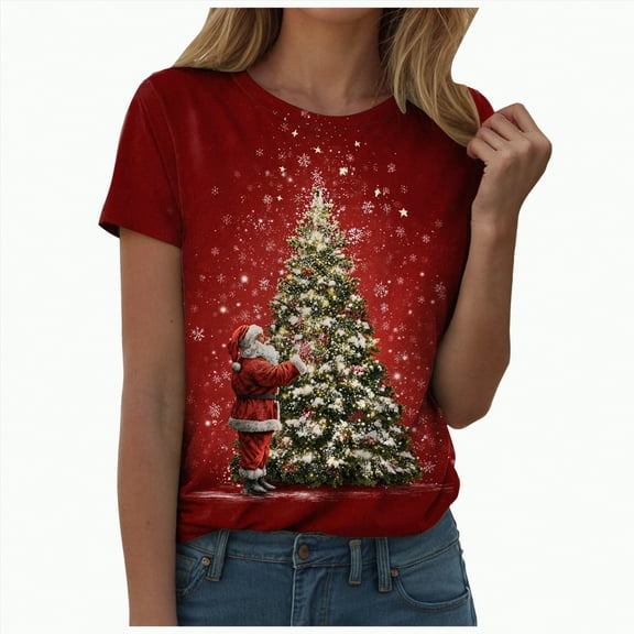 UngA Christmas Shirts Women Christmas Tree Graphic Shirts Short Sleeve Crewneck Funny Print Tee Tops Gifts Womens Christmas T Shirts (Brick Red,L)