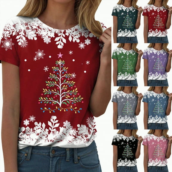 UngA Christmas T-Shirts for Women Merry Christmas Holiday Graphic Crew Neck Tees Family Holiday Xmas T-Shirts Gift Tops Christmas Shirts Women (Red,S)