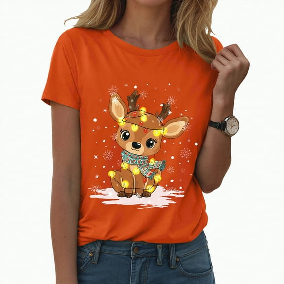 UngA Christmas T-Shirts for Women Funny Xmas Holiday Graphic Short Sleeve Crew Neck Tee Family Holiday Blouse Christmas Shirts for Women (Orange,XXL)