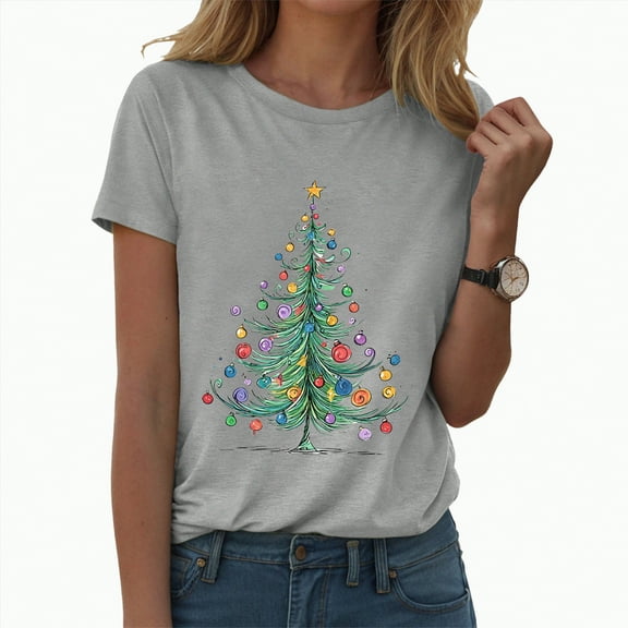 UngA Christmas Tee Shirts for Women Casual Short Sleeve Merry Letter Graphic Blouse Tops Women's Christmas Shirts (Light Gray,S)