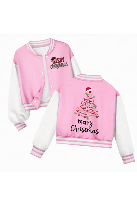 Christmas To'ddler Winter Jacket G'irls Varsity Jacket K'ids Baseball Lightweight Jacket Fleece Coat Button Closure School Outwear Pink,13-14 Years