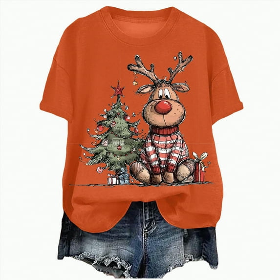 UngA Christmas Womens Shirts Funny Merry and Bright T-Shirts Christmas Tree Shirts Merry Christmas Graphic Tee Tops Christmas T-Shirts for Women Orange,M
