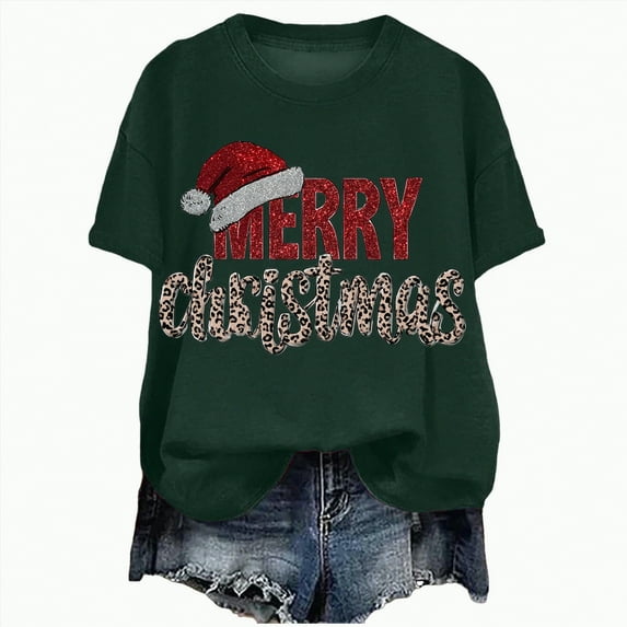 UngA Christmas Womens Shirts Funny Merry Xmas Holiday Short Sleeve Tee Tops Christmas Tshirts Shirts for Women Dark Green,L