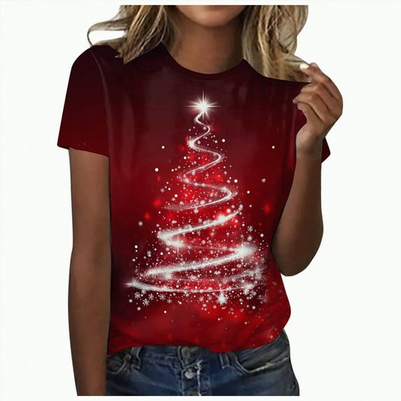 UngA Christmas Womens Shirts Merry and Bright Christmas Shirt Xmas Tree Graphic Holiday Tee Tops Christmas Tshirts Shirts for Women Red,XL