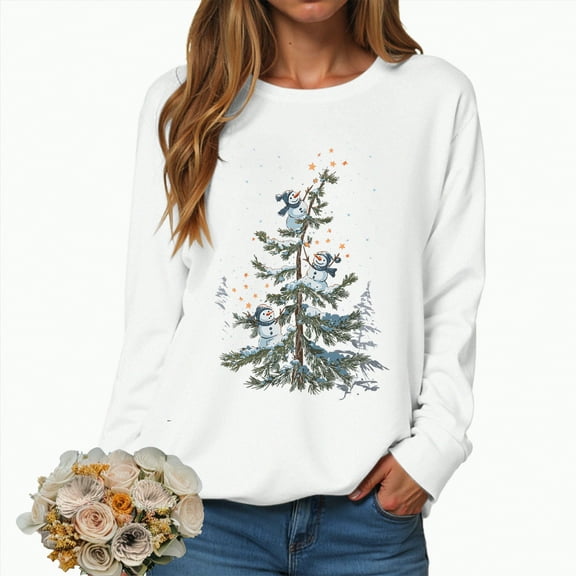 UngA Christmas Womens Sweatshirt Christmas Tree Graphic Long Sleeve Shirts Xmas Holiday Pullover Tops Blouse Women's Sweatshirts (White,L)
